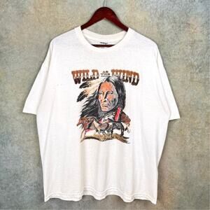 VTG Wild as the Wind Native T Shirt Sz XL White Western Horses Nature 90s Indian